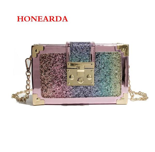 10pcs sequined luxury women handbags fashion shining leather ladies handbags riveted bags for girls with chain
