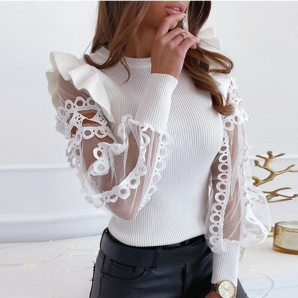 round neck solid color hollow out ruffled mesh sleeve see through long sleeve women blouse and shirt, White 
round neck solid color hollow out ruffled mesh sleeve see through long sleeve women blouse and shirt, White