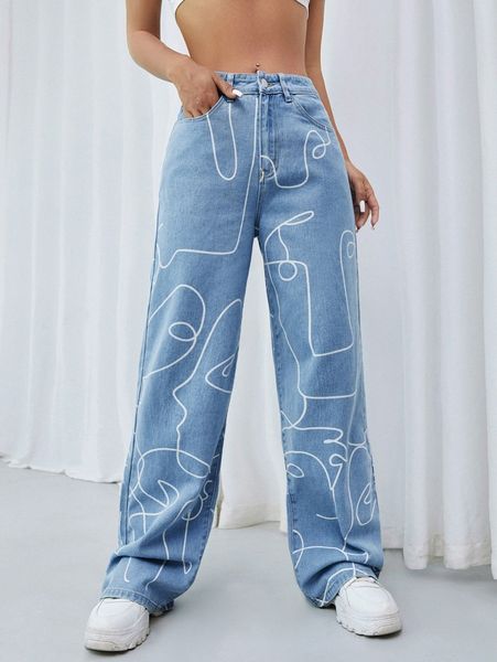figure graphic wide leg jeans w286#, Blue