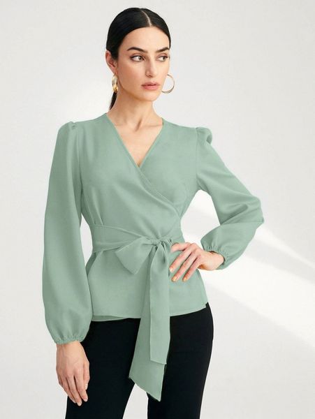 solid surplice front belted blouse x3qx#, White 
solid surplice front belted blouse x3qx#, White