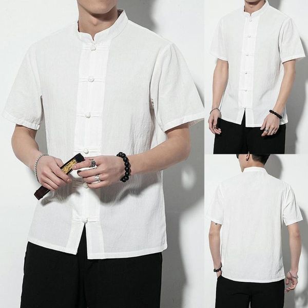 men solid color stand collar short sleeve loose shirt chinese style tang suit1, White;black 
men solid color stand collar short sleeve loose shirt chinese style tang suit1, White;black