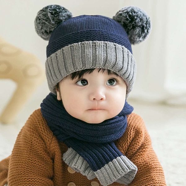 set ball children's hat and piece scarf two, Red;brown