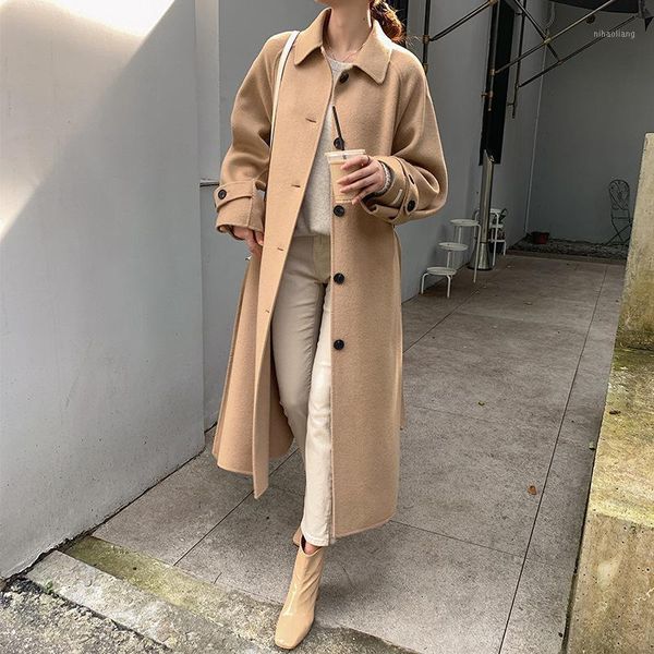 women's wool & blends autumn 2021 high end korean double sided woolen long loose jacket women single breasted lacing belt handmade coat, Black
women's wool & blends autumn 2021 high end korean double sided woolen long loose jacket women single breasted lacing belt handmade coat, Black