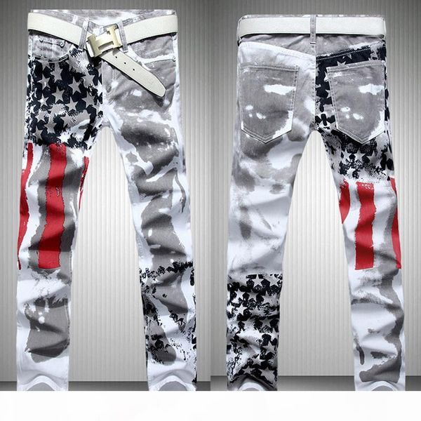 men's white american flag, printed jeans, high elastic, self repairing leisure, pentagram red bar, big size trousers, Blue
men's white american flag, printed jeans, high elastic, self repairing leisure, pentagram red bar, big size trousers, Blue