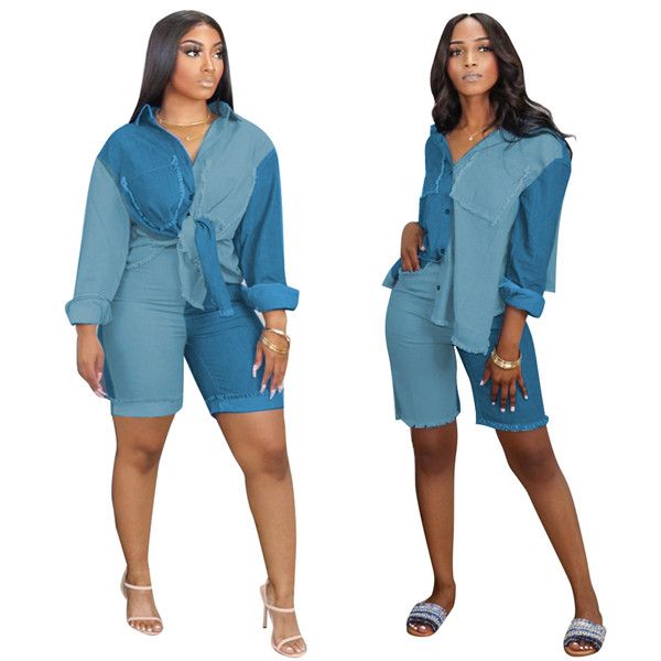 womens denim two piece pants retro patchwork long sleeve lapel neck denim shirts and straight knee length jeans for women, White
womens denim two piece pants retro patchwork long sleeve lapel neck denim shirts and straight knee length jeans for women, White