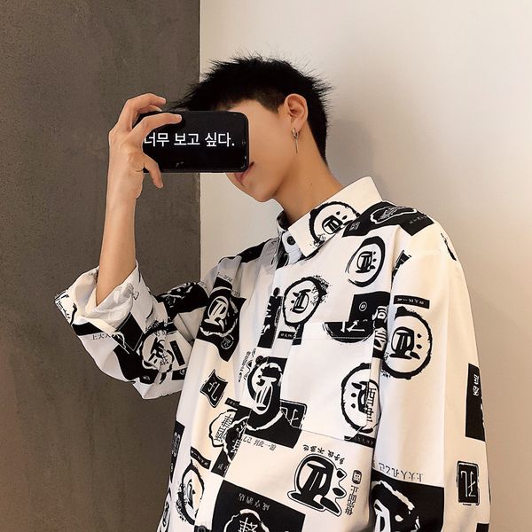 spring and summer long sleeve slim men's casual printed trendy inch shirt, White;black
spring and summer long sleeve slim men's casual printed trendy inch shirt, White;black