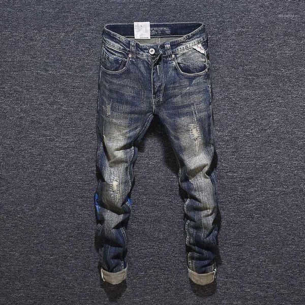fashion streetwear men jeans retro dark blue slim fit ripped jeans men elastic hip hop denim pants printed designer homme1