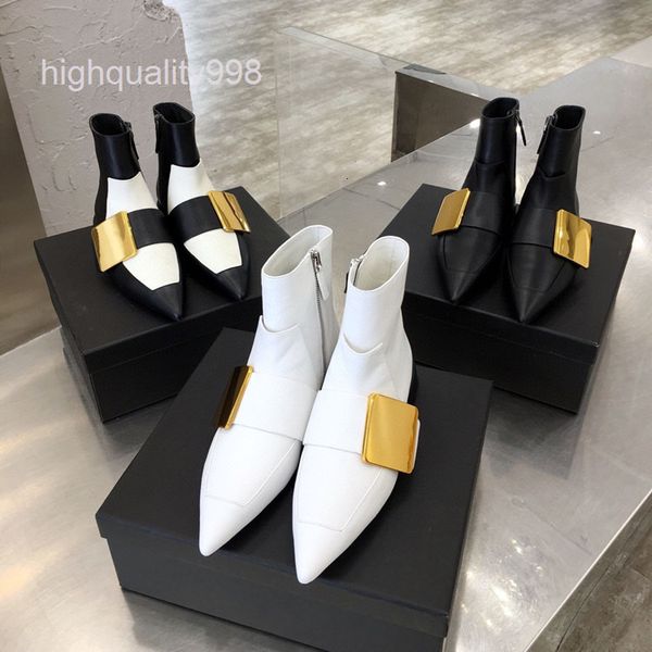 boots high end quality metal square button pointed short boots and ankle color matching side zipper fashion women, Black 
boots high end quality metal square button pointed short boots and ankle color matching side zipper fashion women, Black