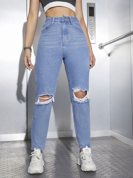 high waist ripped jeans t2go#, Blue