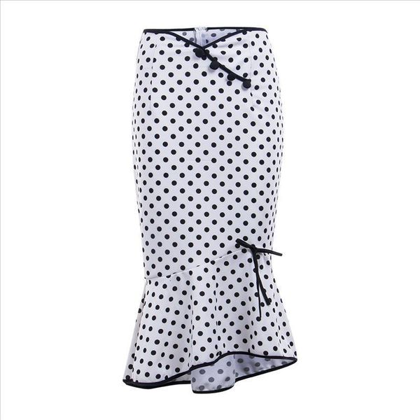 women skirt vintage high waist mermaid ruffle stretch polka dot skirt, Black 
women skirt vintage high waist mermaid ruffle stretch polka dot skirt, Black