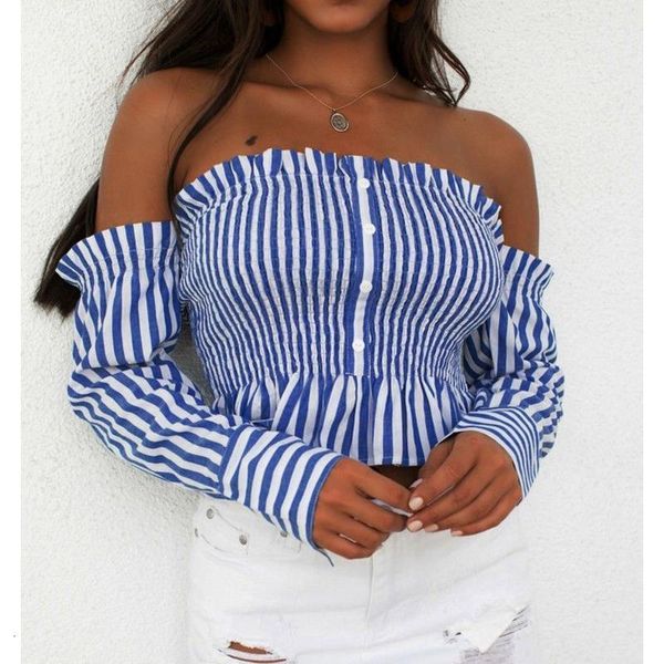 off shoulder women lady striped shirt summer spring female clothing slash neck strappy backless buttons ruched crop blouse, White
off shoulder women lady striped shirt summer spring female clothing slash neck strappy backless buttons ruched crop blouse, White