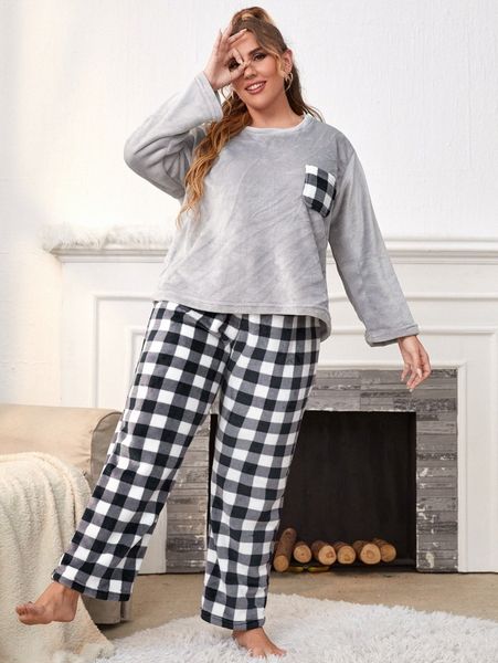 plus pocket patched flannel & gingham print pants pj set h7mx#, Black;white 
plus pocket patched flannel & gingham print pants pj set h7mx#, Black;white
