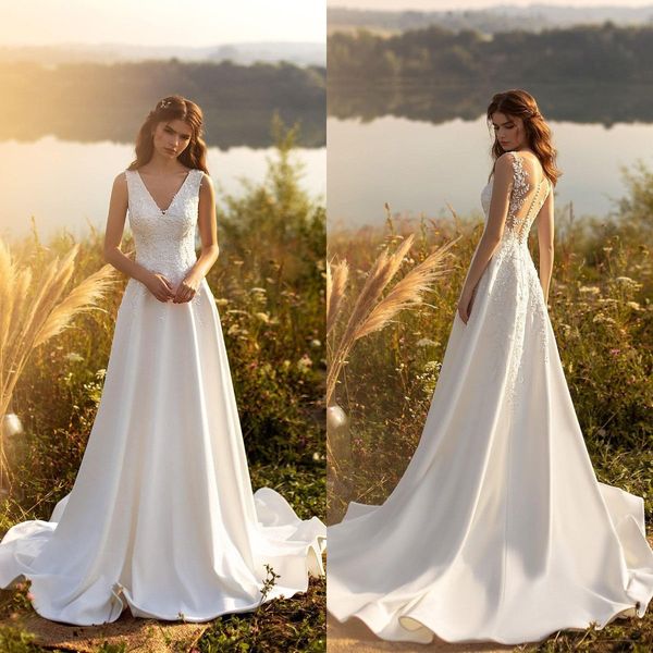 2021 new wedding dresses v neck lace appliques beads sequins bridal gowns custom made button back sweep train a line wedding dress, White
2021 new wedding dresses v neck lace appliques beads sequins bridal gowns custom made button back sweep train a line wedding dress, White
