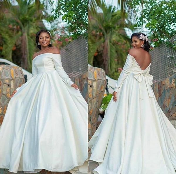 african off shoulder long sleeves wedding dresses with bow tie sweep train backless satin a line bridal gowns vestidos de novia, White
african off shoulder long sleeves wedding dresses with bow tie sweep train backless satin a line bridal gowns vestidos de novia, White