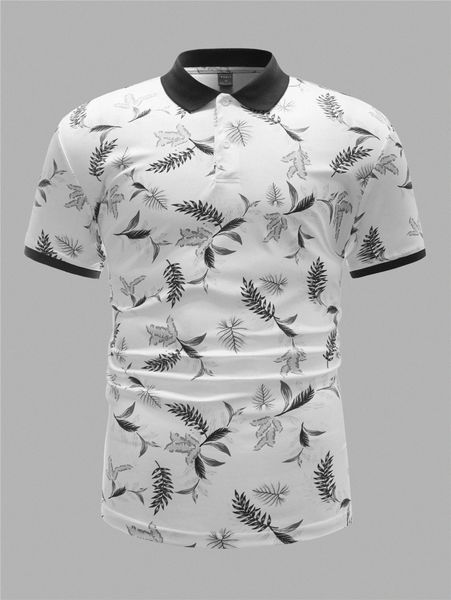 men plant print contrast collar polo shirt t33y#, White;black
men plant print contrast collar polo shirt t33y#, White;black