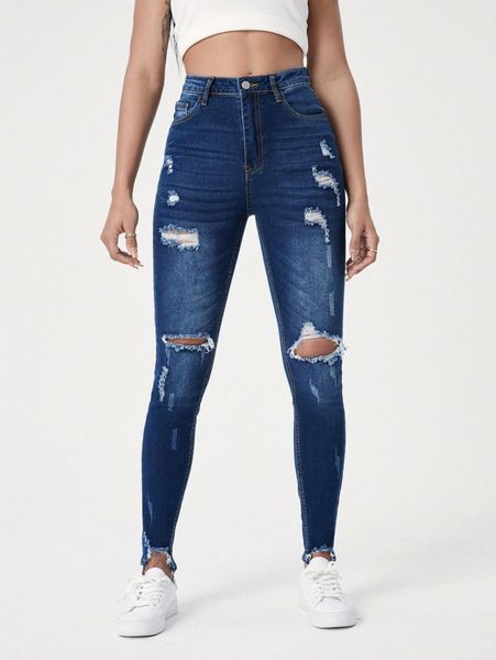 high waist ripped raw hem skinny jeans v1qv#, Blue