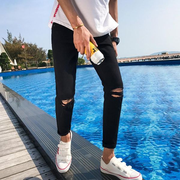 men's cropped trousers ankle length denim slim solid color cotton hole versatile handsome casual men's pencil jeans fashion1, Blue
men's cropped trousers ankle length denim slim solid color cotton hole versatile handsome casual men's pencil jeans fashion1, Blue