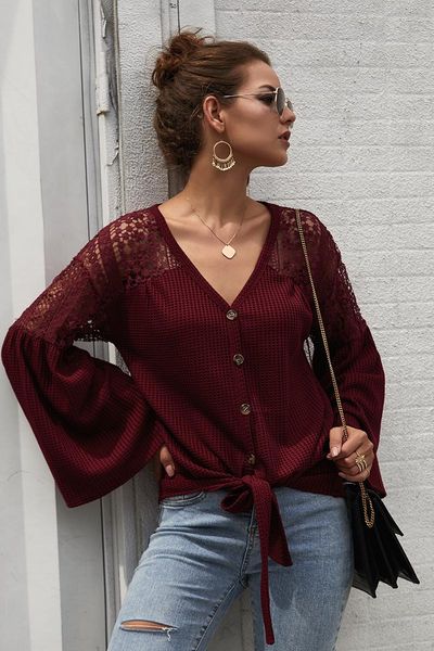women lace patchwork knitwear solid color flare sleeve v-neck single-breasted cardigan, White
women lace patchwork knitwear solid color flare sleeve v-neck single-breasted cardigan, White