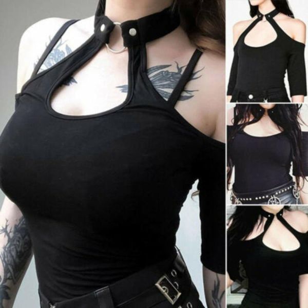women short sleeve gothic halter buckle neck punk vest blouse shirts1, White