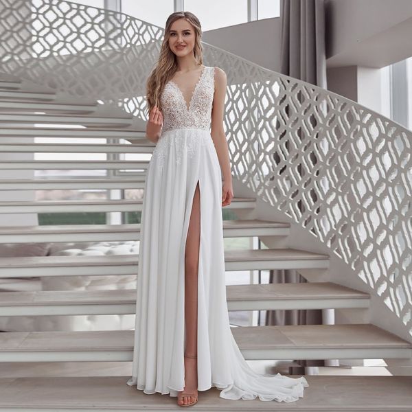 2021 new high slit chiffon bridal es double v neck sleeveless appliques sweep train wedding robe de mariage 3lde, White
2021 new high slit chiffon bridal es double v neck sleeveless appliques sweep train wedding robe de mariage 3lde, White