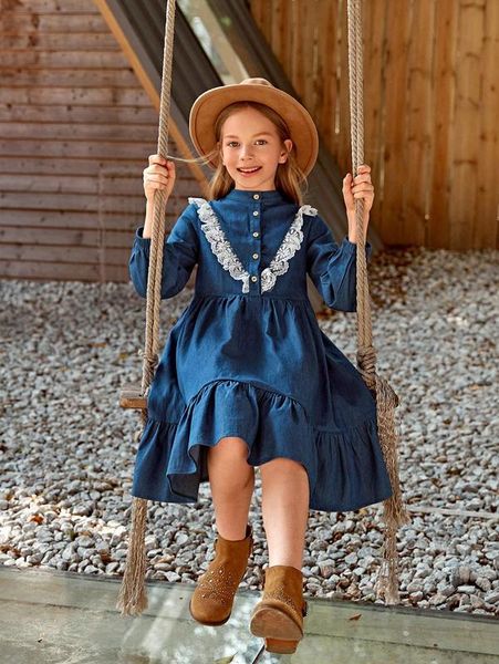 girls embroidered mesh trim ruffle hem dress she, Red;yellow 
girls embroidered mesh trim ruffle hem dress she, Red;yellow