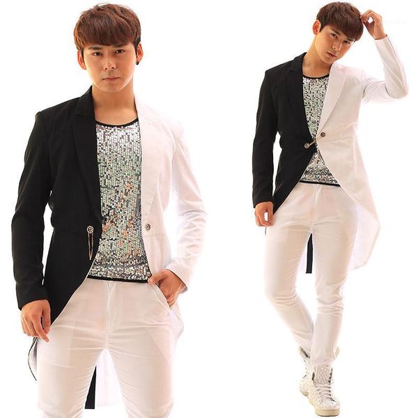 men suits designs halloween stage costumes for singers men blazer dance clothes jacket star style dress punk white black1, White;black 
men suits designs halloween stage costumes for singers men blazer dance clothes jacket star style dress punk white black1, White;black