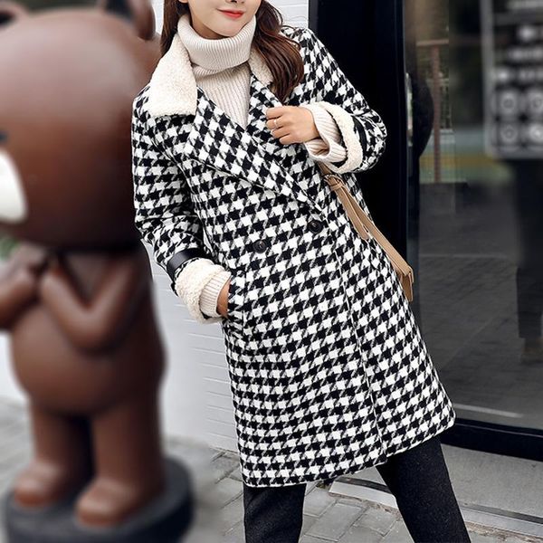 houndstooth wool coat women elegant double-breasted lapel collar sashes pocket plaid loose autumn winter holiday stitching coat, Black
houndstooth wool coat women elegant double-breasted lapel collar sashes pocket plaid loose autumn winter holiday stitching coat, Black