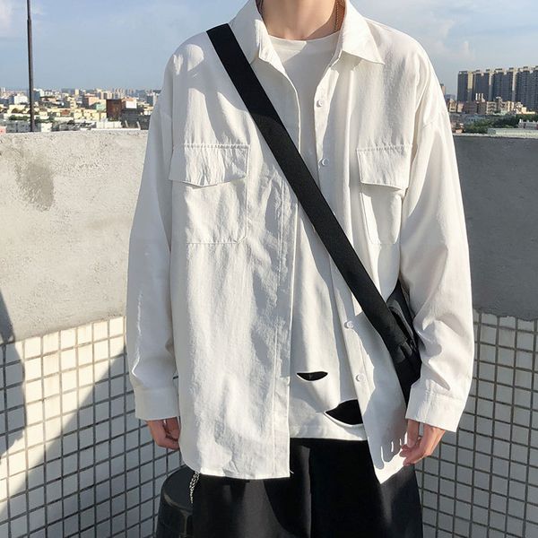 fashion brand white long sleeve shirt men's loose and versatile clothes, White;black
fashion brand white long sleeve shirt men's loose and versatile clothes, White;black