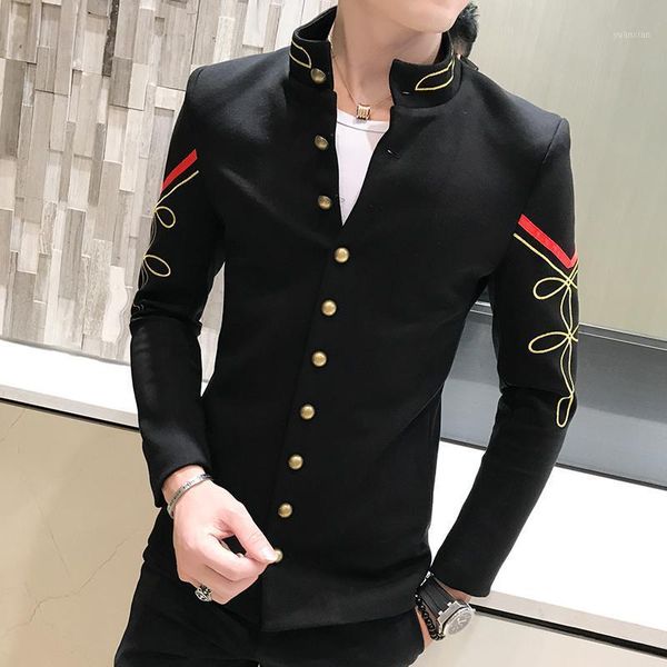 4 color gold button chinese collar suit jacket slim fit mens blazer pattern army pilot jacket men black blue red white blazer1, White;black
4 color gold button chinese collar suit jacket slim fit mens blazer pattern army pilot jacket men black blue red white blazer1, White;black