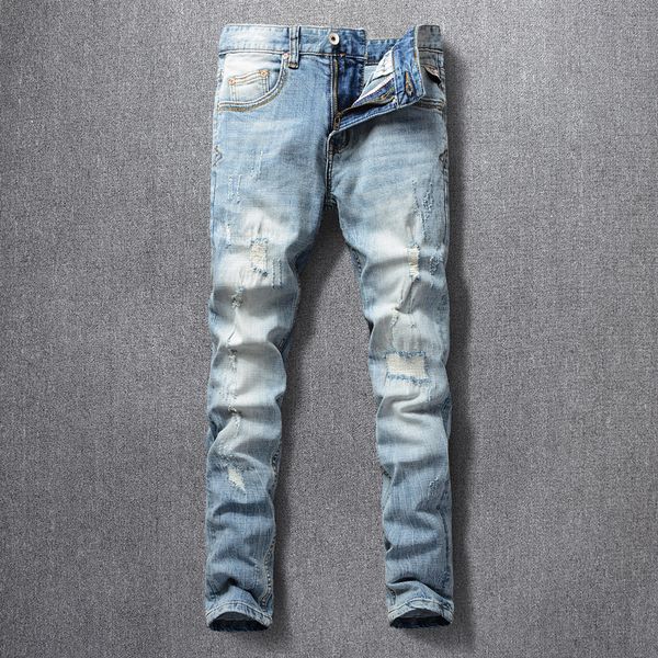 2021 new italian style fashion retro light blue slim fit ripped men patch hip hop pants streetwear vintage designer jeans dsx3
2021 new italian style fashion retro light blue slim fit ripped men patch hip hop pants streetwear vintage designer jeans dsx3