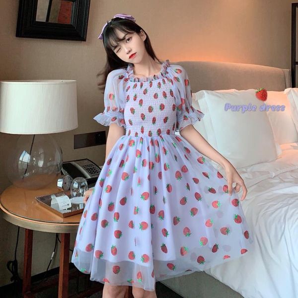 strawberry dress women french style lace chiffon sweet dress casual puff sleeve elegant printed kawaii dress women 2020 new y0118, Black;gray