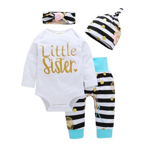 4pcs newborn baby girls clothes sets little sister long sleeve romper+striped long pants+hat+headband toddler clothing outfits 1021, White
4pcs newborn baby girls clothes sets little sister long sleeve romper+striped long pants+hat+headband toddler clothing outfits 1021, White