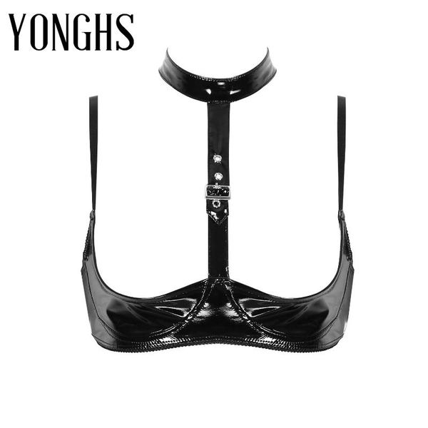 womens lingerie bra for wet look patent leather halter neck spaghetti shoulder straps open cups wire-shelf bra top, Red;black
womens lingerie bra for wet look patent leather halter neck spaghetti shoulder straps open cups wire-shelf bra top, Red;black