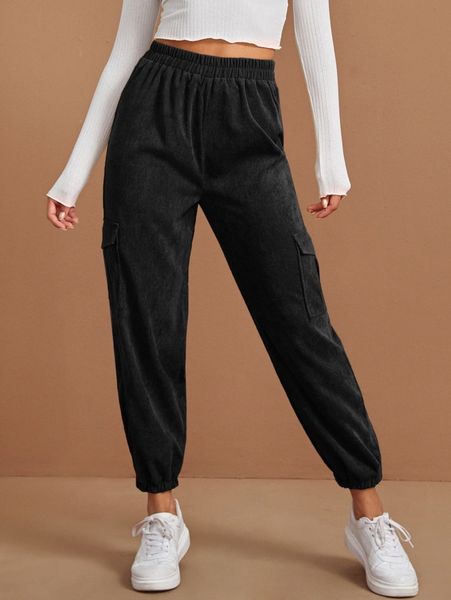 elastic waist pocket side corduroy pants q8cd#, Black;white 
elastic waist pocket side corduroy pants q8cd#, Black;white