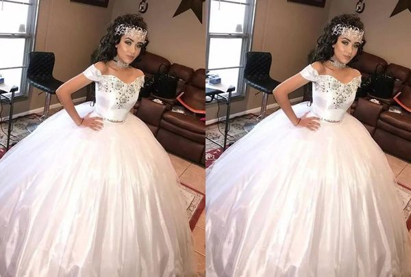 modest off shoulders ball gown wedding dresses capped short sleeves satin tulle rhinestones beads wedding bridal gowns designer, White
modest off shoulders ball gown wedding dresses capped short sleeves satin tulle rhinestones beads wedding bridal gowns designer, White