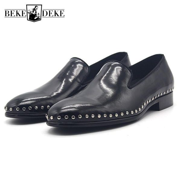 handmade mens genuine leather dress shoes business man rivets patent leather loafers party slip on social formal shoes plus size, Black
handmade mens genuine leather dress shoes business man rivets patent leather loafers party slip on social formal shoes plus size, Black