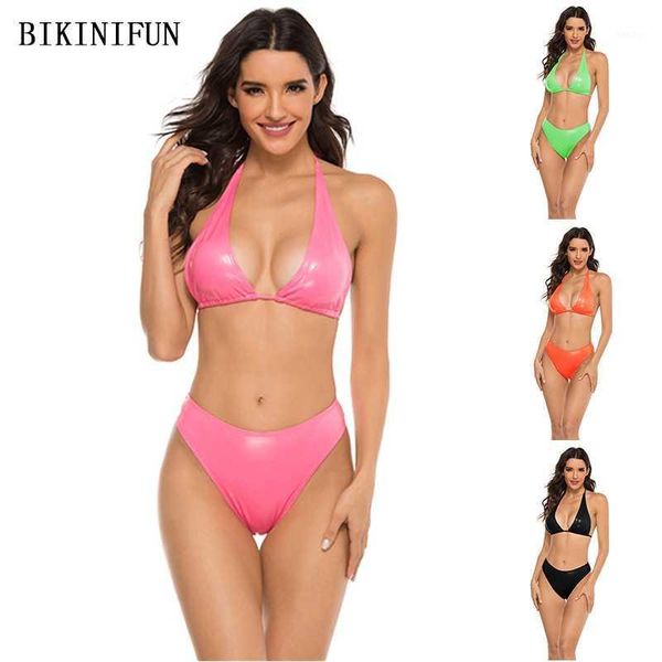 2020 new faux leather swimsuit women triangle bralette beachwear backless halter swimwear s-l girl high waist bikini set1, White;black
2020 new faux leather swimsuit women triangle bralette beachwear backless halter swimwear s-l girl high waist bikini set1, White;black