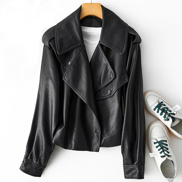 2021 new female spring plutonium short streetwear turndown collar pocket leather jacket outwear wllb, Black
2021 new female spring plutonium short streetwear turndown collar pocket leather jacket outwear wllb, Black