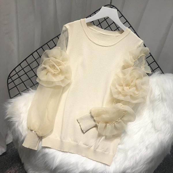 women 2020 spring summer knitted organza patchwork lantern sleeve 3d flower pullover sweater fashion mujer femme, White;black
women 2020 spring summer knitted organza patchwork lantern sleeve 3d flower pullover sweater fashion mujer femme, White;black