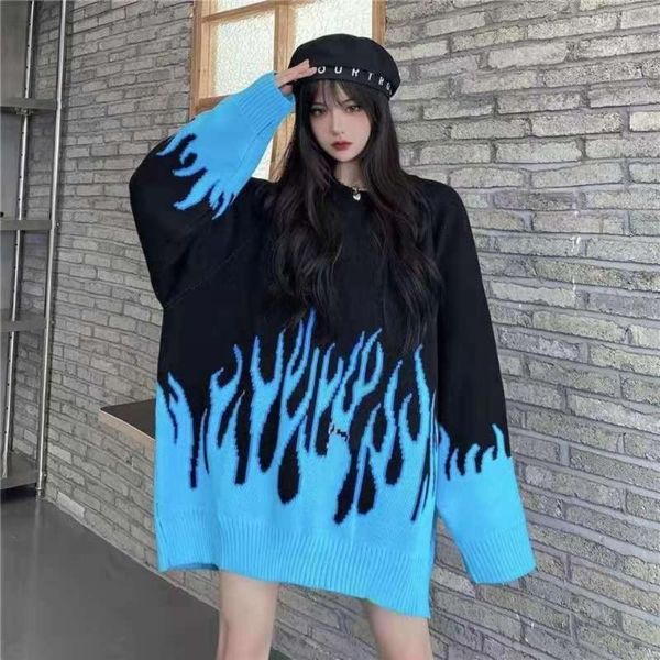 2021 spring new round neck loose sweater female flame jacquard sweater color matching loose ins net red selling a077, White;black
2021 spring new round neck loose sweater female flame jacquard sweater color matching loose ins net red selling a077, White;black
