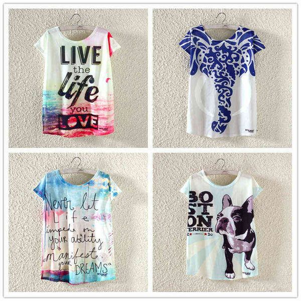 women's t-shirt summer colorful life print round neck short sleeve loose women's t-shirt, White
women's t-shirt summer colorful life print round neck short sleeve loose women's t-shirt, White