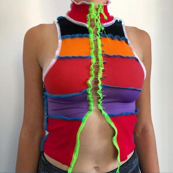 women colorful striped patchwork pins turtleneck sleeveless tank 2020 fashion streetwear summer elastic sporty vest1, White
women colorful striped patchwork pins turtleneck sleeveless tank 2020 fashion streetwear summer elastic sporty vest1, White