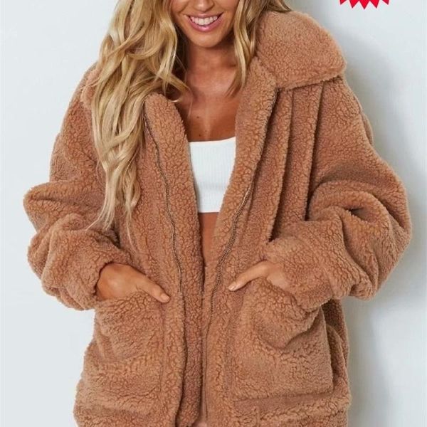 warm women thick fur lambswool jacket autumn winter zipper coat turn-down collar pocket casual outerwear camel hairy overcoat, Black