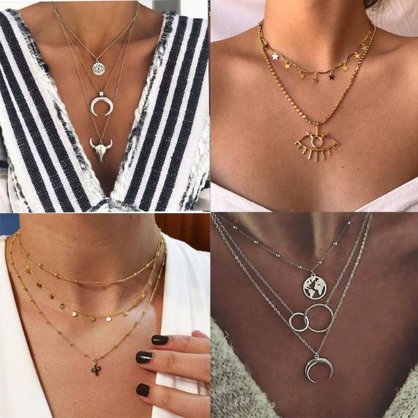 boho multi layered horn moon choker necklace collar statement eye star map cactus necklace women jewelry, Silver
boho multi layered horn moon choker necklace collar statement eye star map cactus necklace women jewelry, Silver