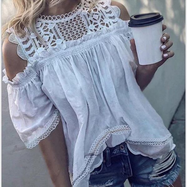 women shirt lace hollow out women blouse chiffon short sleeve solid off shoulder casual, White
women shirt lace hollow out women blouse chiffon short sleeve solid off shoulder casual, White