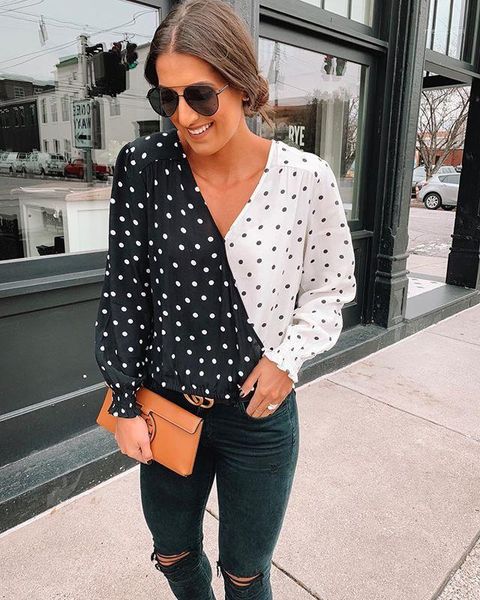 women v neck patchwork polka dots long sleeve blouse shirts fdc991, White
women v neck patchwork polka dots long sleeve blouse shirts fdc991, White