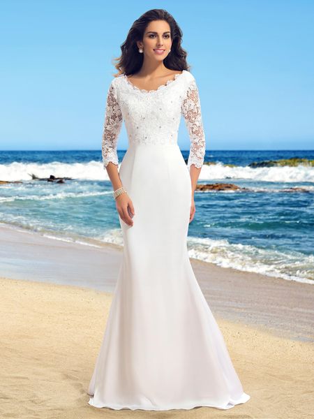 custom 3/4 long sleeves lace mermaid wedding dresses 2021 with beaded appliques sweep train beach bridal gowns, White
custom 3/4 long sleeves lace mermaid wedding dresses 2021 with beaded appliques sweep train beach bridal gowns, White