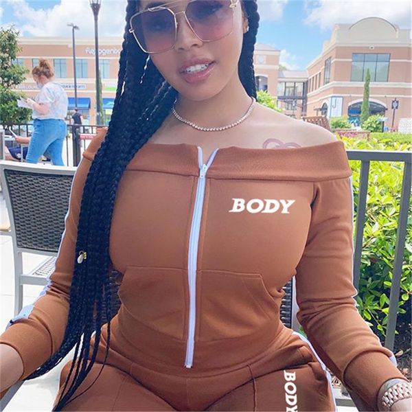 women designers clothes body letters off shoulder long sleeve zipper jacket pants embroidery two pieces outfits sports suits d102805, White
women designers clothes body letters off shoulder long sleeve zipper jacket pants embroidery two pieces outfits sports suits d102805, White