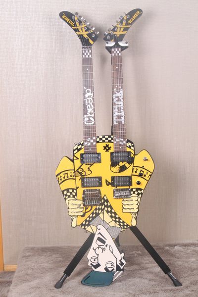 

promotion trick's rick nielsen uncle dick double neck yellow electric guitar white pearl inlay, kahler bridge on the left neck