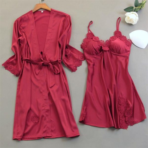 women's sleepwear ladies red lace home wear night dress with chest pads women robe gown 2pcs sets satin pajamas, Black;red
women's sleepwear ladies red lace home wear night dress with chest pads women robe gown 2pcs sets satin pajamas, Black;red